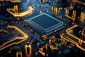 Fototapete - Close-up of a futuristic circuit board with glowing elements in blue and orange.