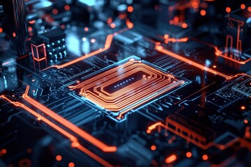 Poster - Close-up of a futuristic circuit board with orange and blue glowing lines.