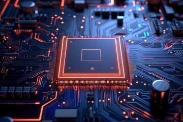 Poster - Close-up of a circuit board with glowing chip elements and intricate design.