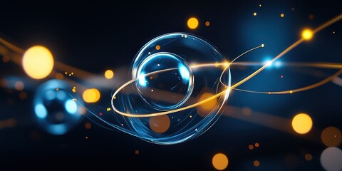 Poster - Blue and gold abstract orbs with glowing lines in a dark background.