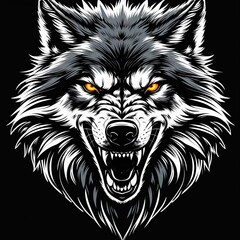  AI Generative. Minimal wolf head logo with elegant expression. The design features bold, black outlines and striking orange eyes on black background. 4