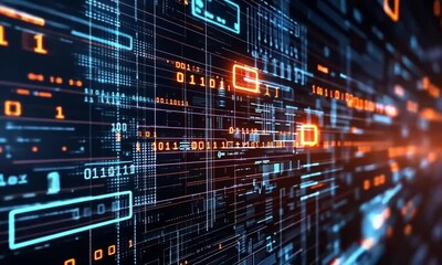 Digital interface with binary code and glowing lines in blue and orange hues