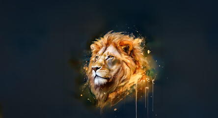 Poster - Artistic image of a lion's head with a bright mane, created in a painterly style, set against a dark backdrop.