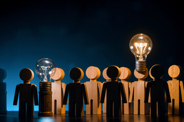 Poster - Wooden figures stand as a team, some with lightbulb heads.  One bulb is brightly lit, symbolizing innovation, ideas, and leadership within a group.