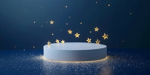 Wall Mural -  round podium with golden stars and fairy lights on a dark blue background.