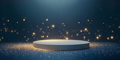 Wall Mural -  round podium with golden stars and fairy lights on a dark blue background.