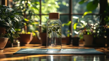 Poster - A glass water bottle sits on a blue mat in a bright indoor garden. Sunlight filters through the windows, illuminating green plants surrounding the bottle.