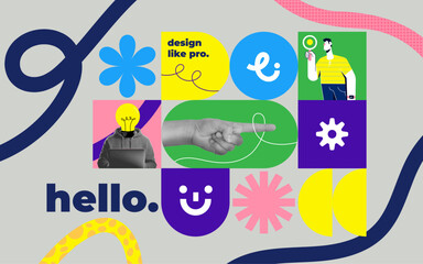 Poster - The abstract collage banner for Ui design or Web Designer portfolio. The halftone hand and geometric elements, modern design. Social media template. Vector illustration