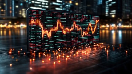 Aufkleber - Stock Market Screens Displaying Fluctuating Graphs in High Fidelity Night Cityscape