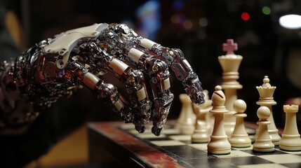 Poster - A cutting-edge robotic hand extends toward a chessboard, ready to execute a calculated move