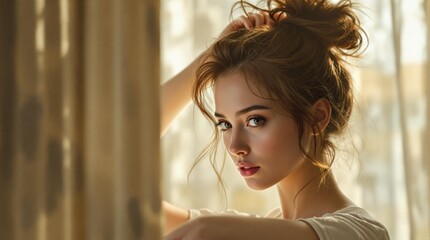 Poster - a woman with curly hair styled in an updo, standing in front of a window with sunlight streaming in, creating a warm and natural lighting effect.