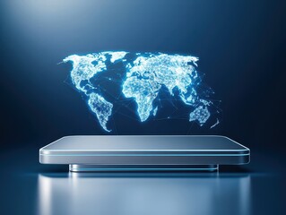 Fototapete - Futuristic digital hologram of a world map with a sleek display platform.