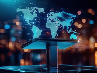 Fototapete - Futuristic digital world map displayed in neon colors against a blurred city skyline.