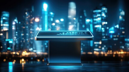 Poster - Futuristic control panel glows against a vibrant city skyline at night.