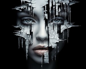 Poster - dark atmospheric mixed media portrait, distorted facial features fading into textured layers of peel