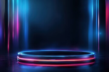 Poster - A futuristic stage with vibrant neon lights in blue and pink colors.