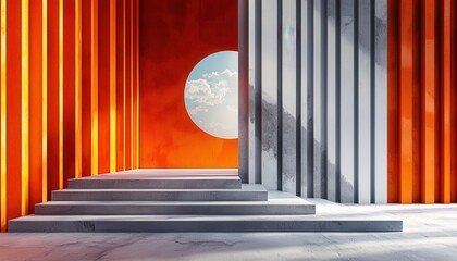Poster - Vibrant abstract architecture with bold orange and gray contrasting columns and sky view.