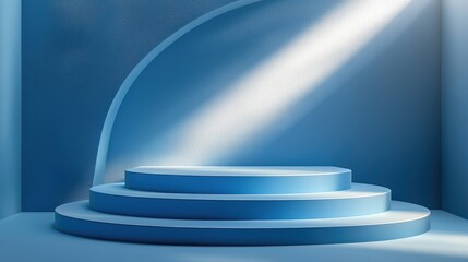 Poster - A serene blue stage with smooth curves and soft light creating an elegant atmosphere.