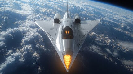 Poster - a sleek, futuristic spaceplane is captured soaring through the upper atmosphere, showcasing advanced