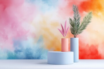 Poster - Vibrant decor with pastel vases and colorful wall art creating a cheerful ambiance.