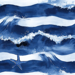 Wall Mural - Hand painted nautical stripe pattern with waves and delicate starfish accent