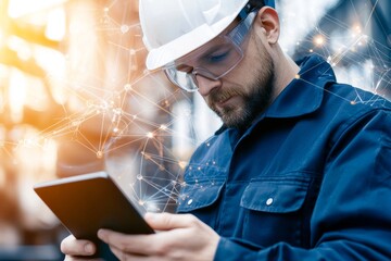 Poster - Professional Engineer in Safety Helmet Using Tablet in Modern Industrial Environment