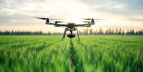 Poster - A drone hovers above vibrant green fields during sunset, showcasing the integration of technology in agriculture. This advanced method aids in crop monitoring and selection practices.
