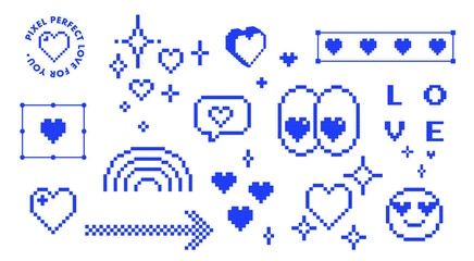 Fototapete - Y2k inspired retro pixel art icon pack. Smile, heart, rainbow, eyes and cool game elements set. Vector illustration on a white background. Mood of 90's trendy digital 8 bit collage stickers