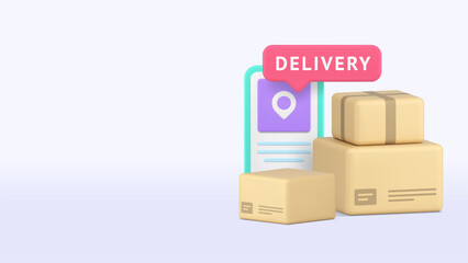 Poster - Delivery service postal parcel smartphone application banner copy space vector illustration. Online shopping post order shipping mobile phone location express courier navigation tracking app