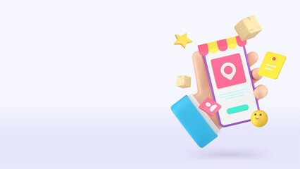 Poster - Online shopping marketplace order delivery smartphone application banner copy space vector illustration. Business man hand holding mobile phone with internet shop store supermarket commercial app