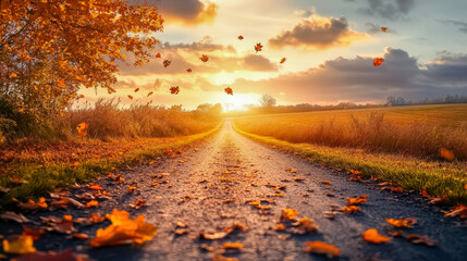 Wall Mural - A road with leaves scattered on it and a sun setting in the background