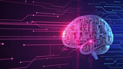Poster - Digital Brain: A futuristic representation of a human brain formed by intricate circuit boards, bathed in a neon glow of red and blue.