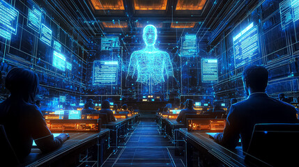 Poster - Futuristic Conference Room with Holographic Displays and Digital Data Projections