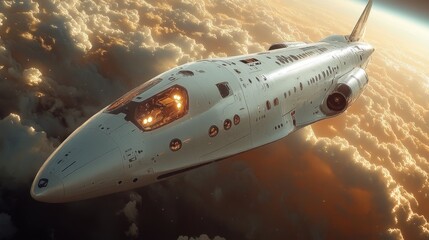 Poster - A state of the art spaceplane demonstrates advanced propulsion technology while ascending through the clouds in a hypersonic flight test over a vibrant atmosphere.