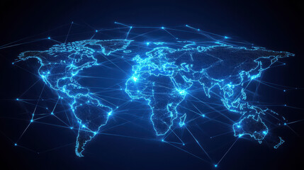 Wall Mural - abstract digital world map with glowing connections, in a blue color theme on a black background