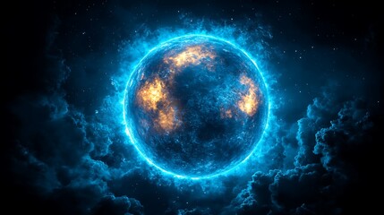 fiery blue planet in cosmic clouds.