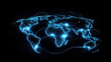 digital world map with global network connections, blue glowing lines connecting the continents on a