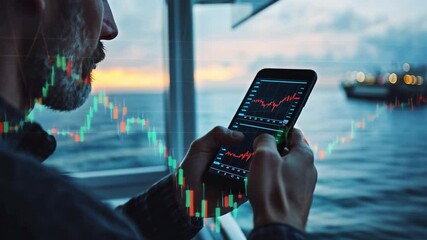 Poster - Stock Market Analysis at Sea: A focused professional analyzes stock charts on a smartphone while sailing on a boat, juxtaposing financial data with the serene marine environment