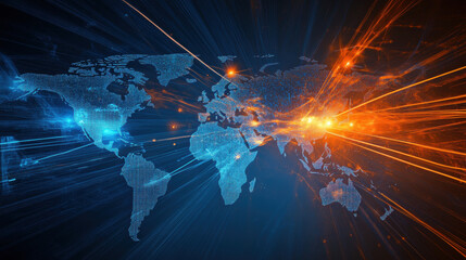 abstract digital world map with glowing arrows, blue and orange light streaks, representing global c