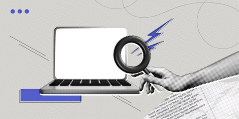 Trendy Halftone Collage Computer laptop and hand holds magnifying glass. Search for information on internet. Find job online. Hr looking for employees. Contemporary vector illustration art