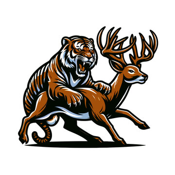 tiger seizing deer logo color full body vector white background