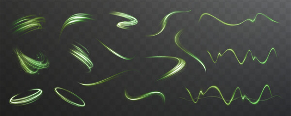 Fototapete - Futuristic green glowing swirl with circular motion and sparkling energy. Dynamic neon wave with spiral and tornado effects. Perfect for tech, speed, and abstract vector backgrounds