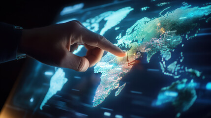 Wall Mural - close-up of a hand touching a digital map on a touch screen, a futuristic interface with a global ne