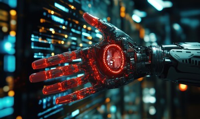Poster - Futuristic robotic hand with glowing red circuitry and advanced technology details