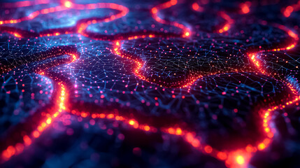 Fototapete - Abstract Digital Network with Glowing Interconnected Nodes and Vibrant Colors in a Futuristic Design