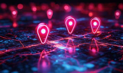 Poster - Digital map with glowing location pins representing navigation and geolocation technology
