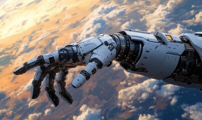 Poster - Futuristic robotic arm reaching towards Earth from space with dramatic sunset backdrop