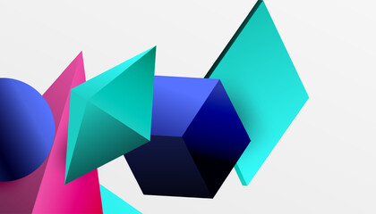 Aufkleber - Abstract design showcasing isometric cubes, pyramids, squares, and spheres in a vibrant 3D layout. Modern and dynamic, perfect for tech, design, or futuristic themes