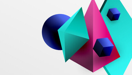 Poster - Abstract design showcasing isometric cubes, pyramids, squares, and spheres in a vibrant 3D layout. Modern and dynamic, perfect for tech, design, or futuristic themes