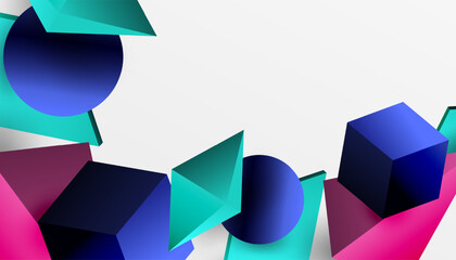 Poster - Abstract design showcasing isometric cubes, pyramids, squares, and spheres in a vibrant 3D layout. Modern and dynamic, perfect for tech, design, or futuristic themes